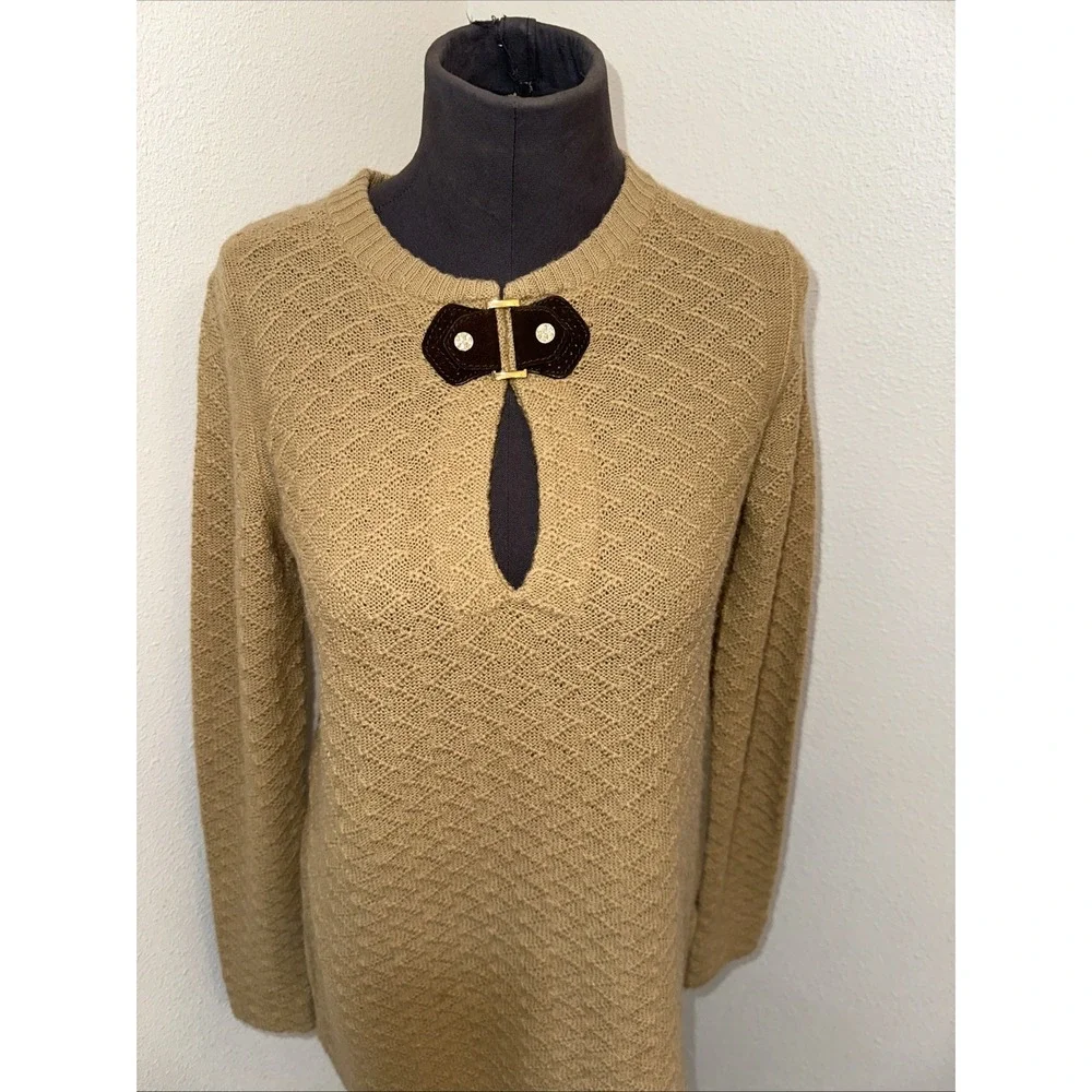 Tory Burch Knit Tunic Sweater Wmns S Tan Wool Alpaca Leather Keyhole Equestrian